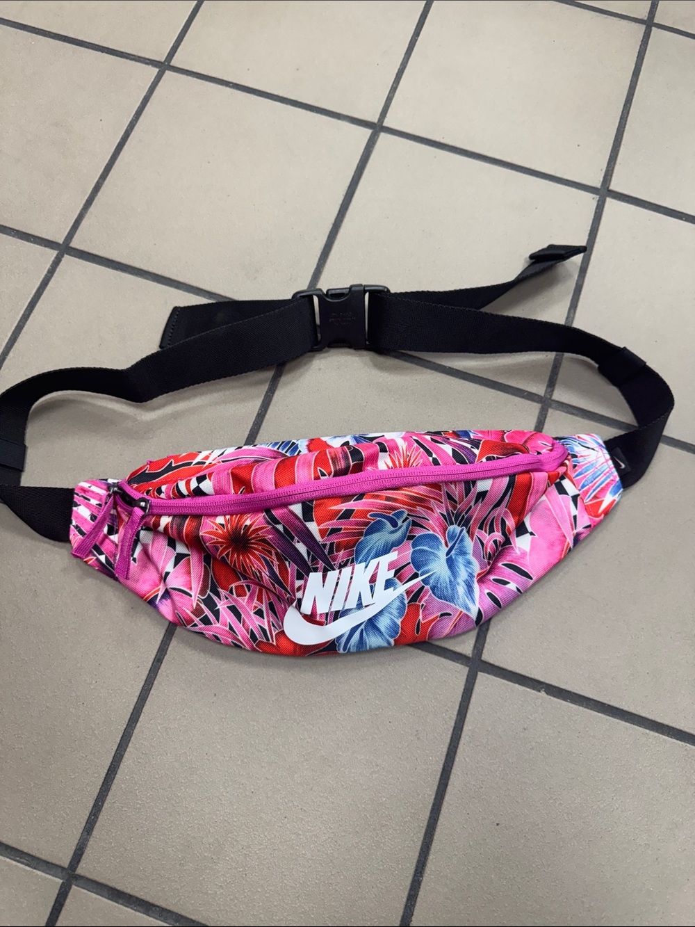 Nike Pink Floral Tropical Waist Pack with Black Strap